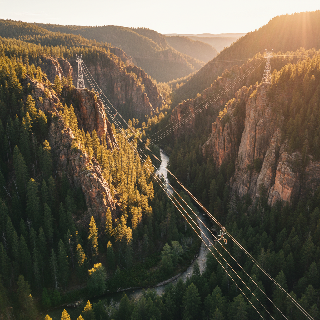 Aerial view of mountain pine forest canyon with zip line cables stretched between towers at golden hour