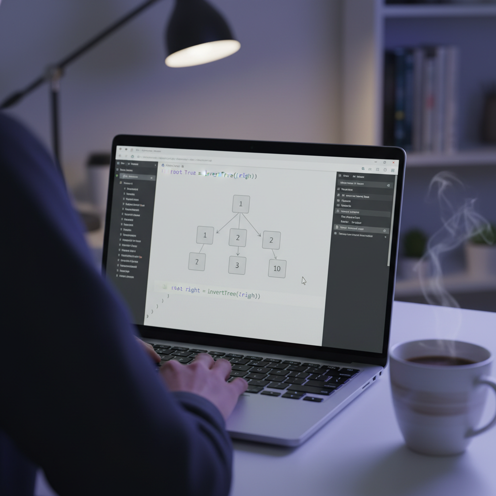 Over-the-shoulder view of a laptop screen showing a binary tree traversal problem with a blinking cursor, coffee cup blurred in periphery, blue-violet monitor light casting across keyboard