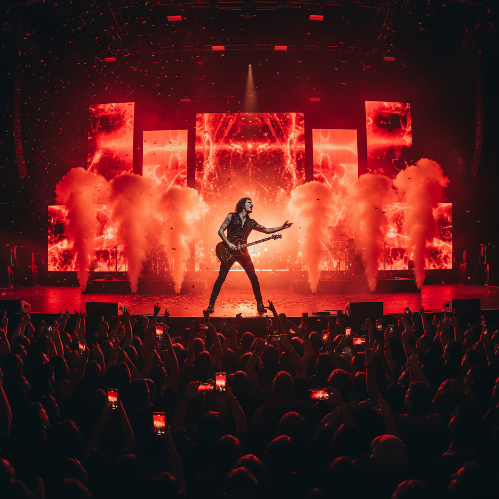 Artist performing live on stage with dramatic red stage lighting