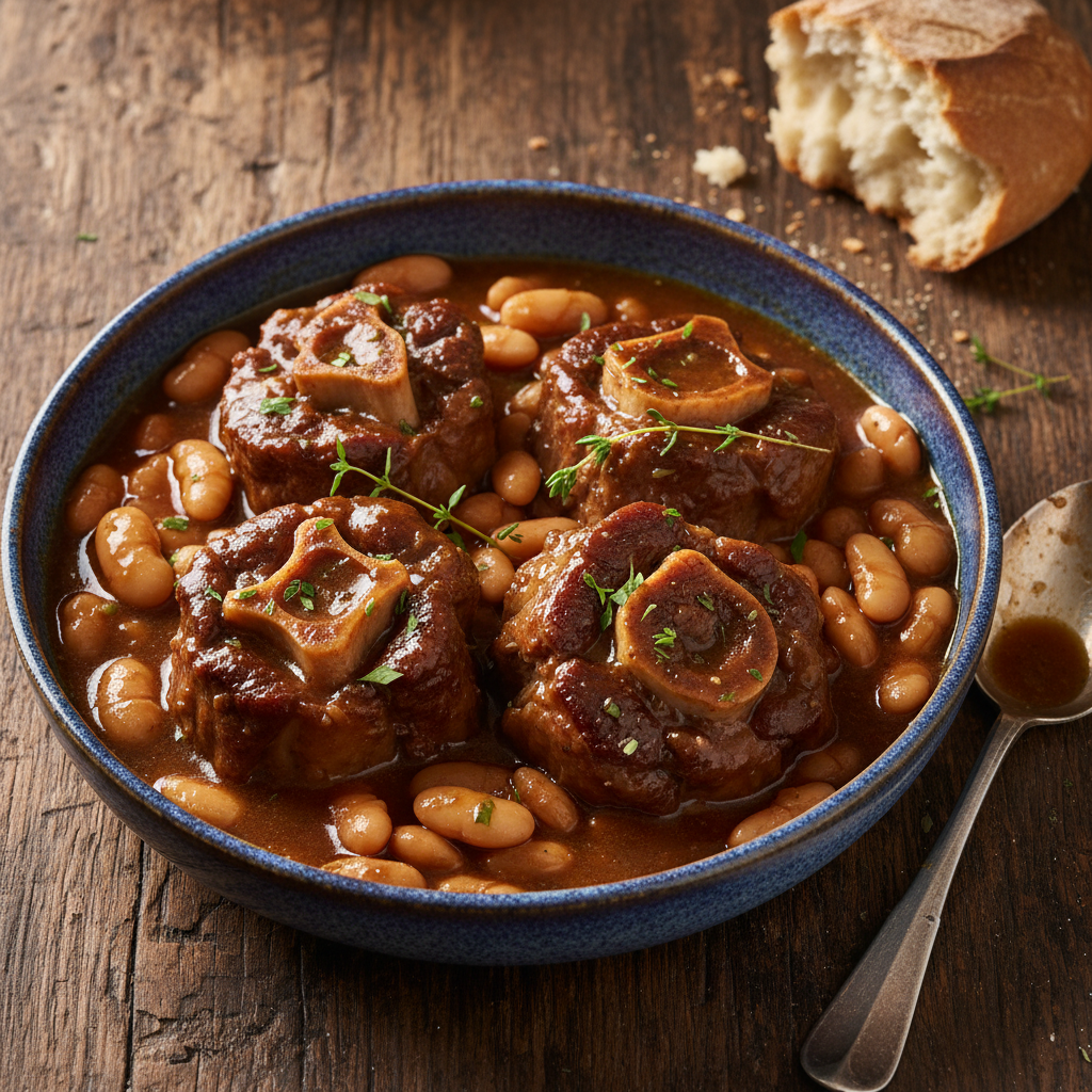 Oxtail stew rich brown gravy with butter beans in cast iron pot