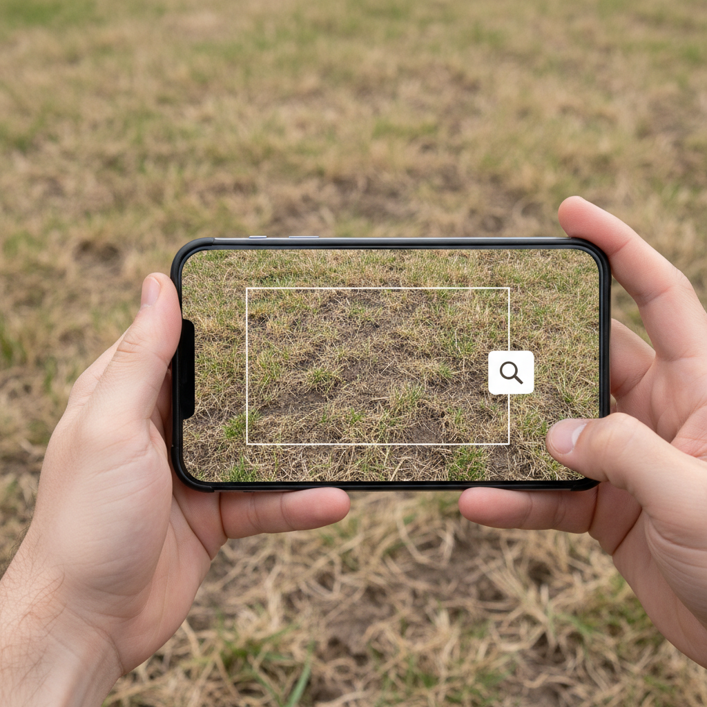 Homeowner photographing patchy brown lawn on phone to send for WhatsApp diagnosis from Turf groundsmen