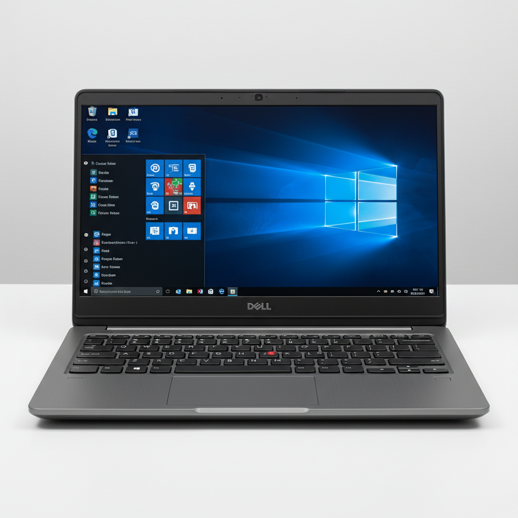 Dell Latitude laptop open on clean white desk with keyboard visible, professional business laptop