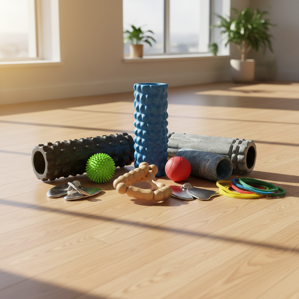 Recovery tools and foam roller on a serene home gym surface