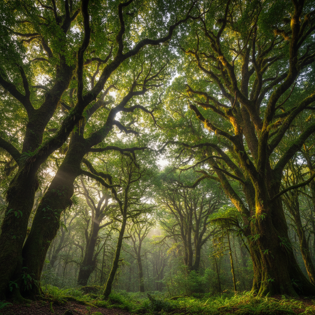Towering old-growth tree canopy viewed from below with sunlight filtering through leaves