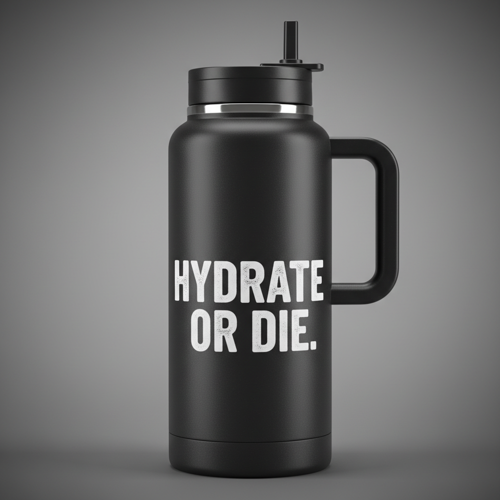 Custom printed 40oz insulated bottle with sarcastic Hydrate or Die quote in chunky serif font on black