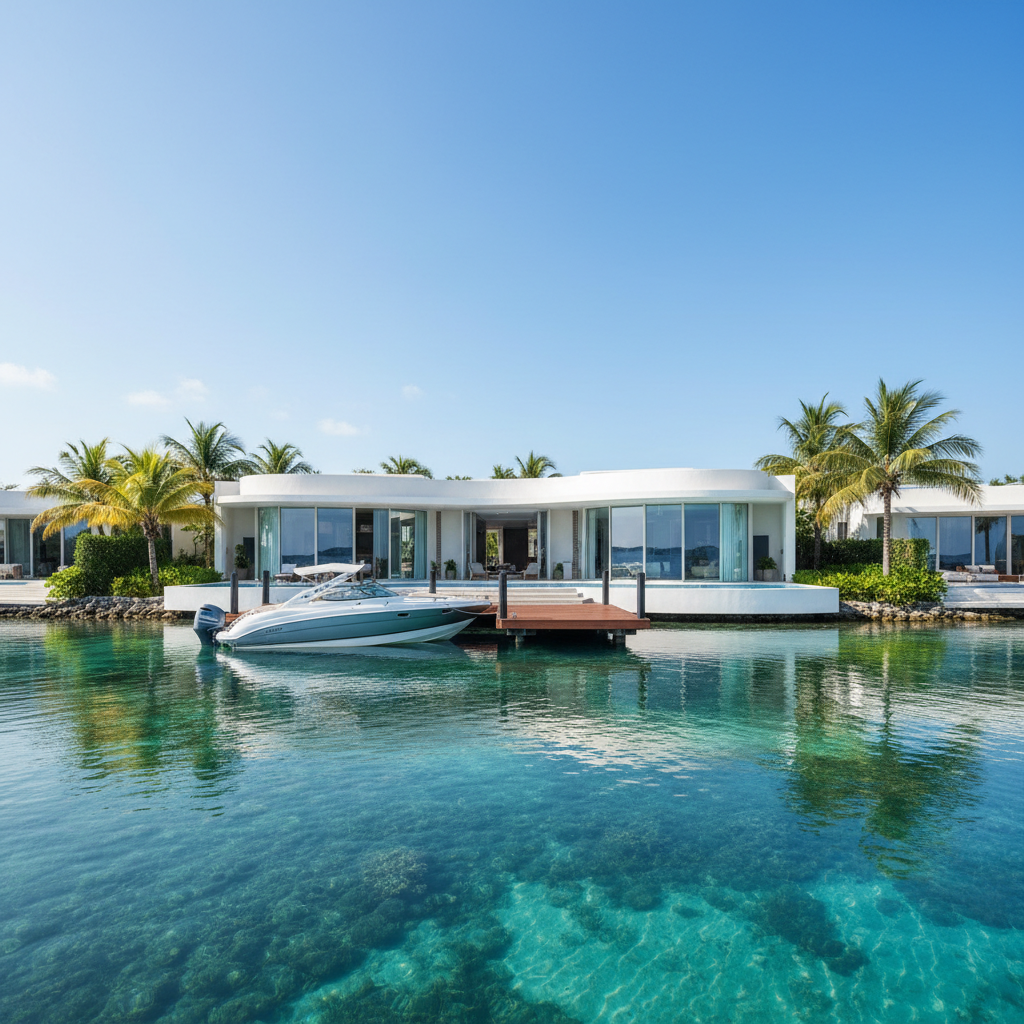 White beachfront villa on Saadiyat Island Abu Dhabi with crystal clear blue water