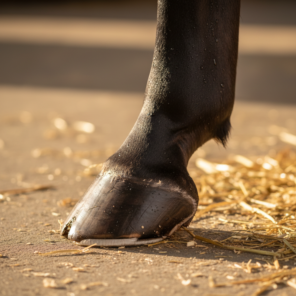 Perfectly balanced horse hoof after professional trim, clean stable floor, warm natural light