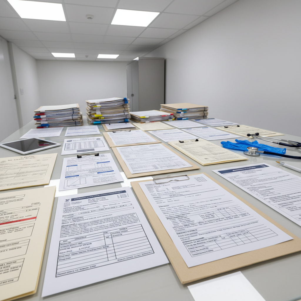 Medical records and documents on a desk under clinical lighting