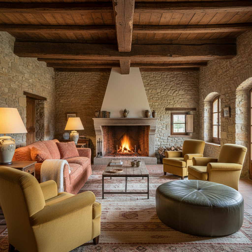 Warm farmhouse great room with raised grain textured wood ceiling beams, vaulted ceiling, stone fireplace and cozy seating