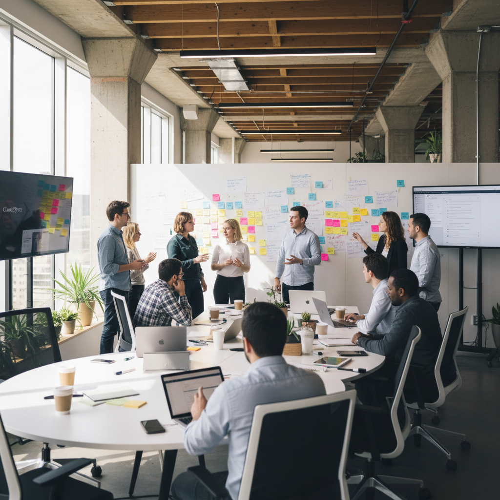 FreeExpert LLC team collaborating on digital projects in a modern office setting