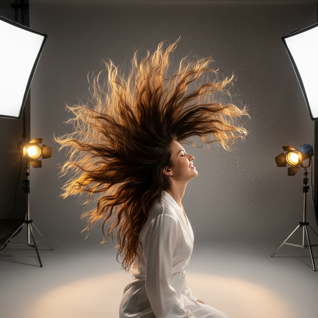 Slow motion blowout with hair catching studio light mid-motion