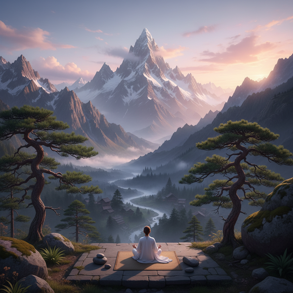 Mountain meditation retreat at dawn, mist rising from valley, lone meditator in saffron robe