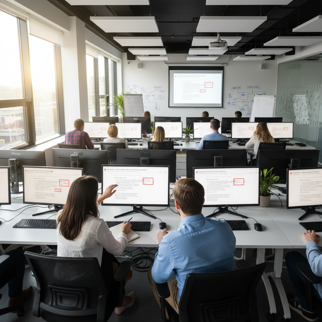 Security awareness training session with employees learning to identify phishing emails on computer screens in a modern office