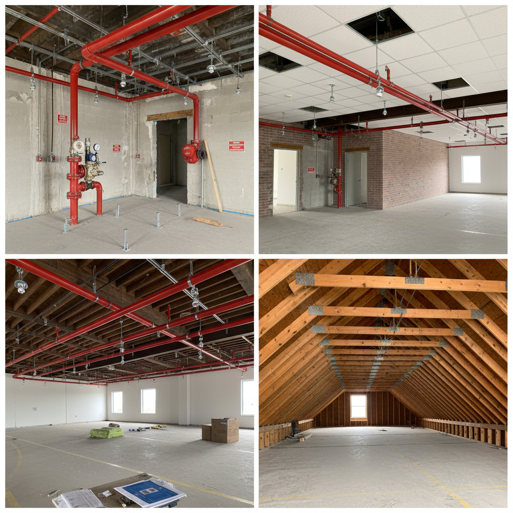 Modern hospital corridor with white ceiling tiles and overhead sprinkler heads, bright fluorescent lighting, clean clinical environment