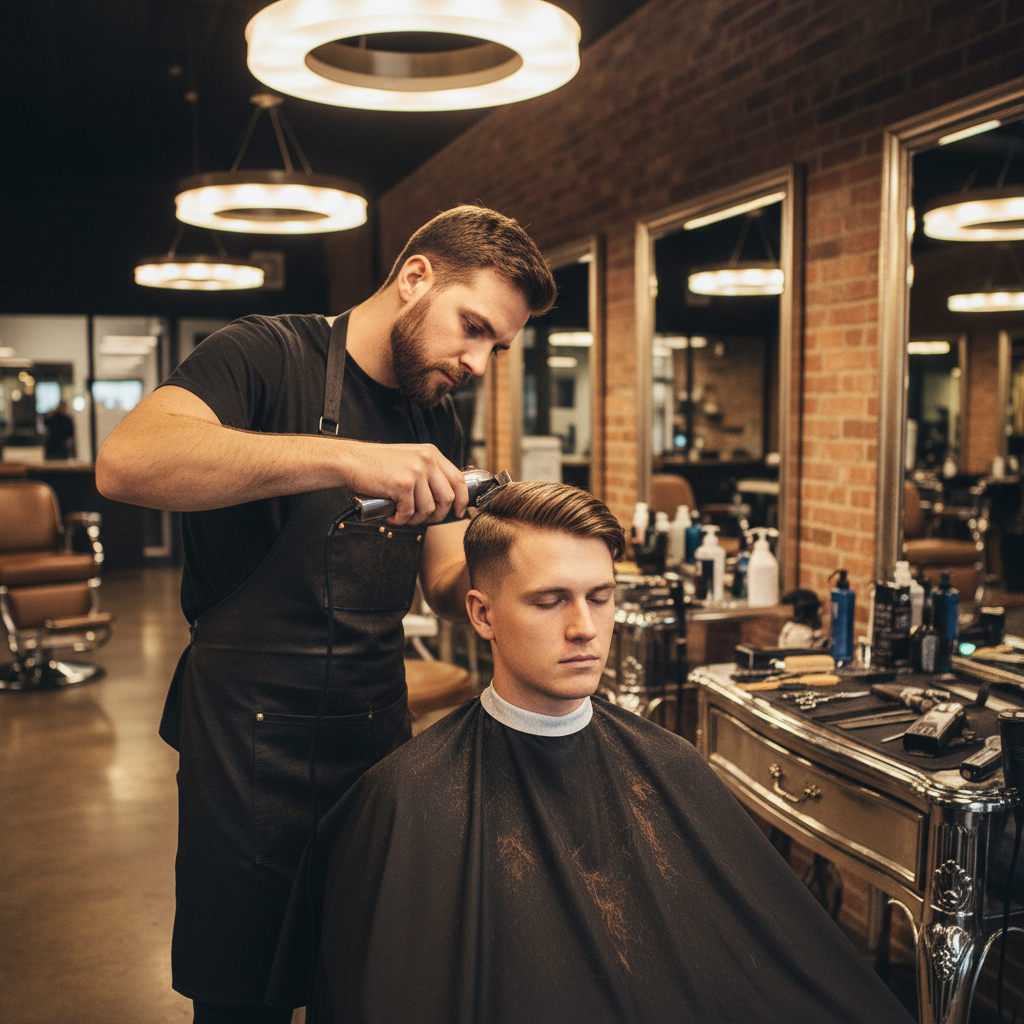 Barber giving a precise fade to a male client, modern barbershop, dark tones