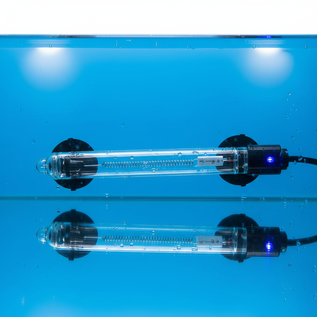 Glass aquarium heater submerged in clear blue water