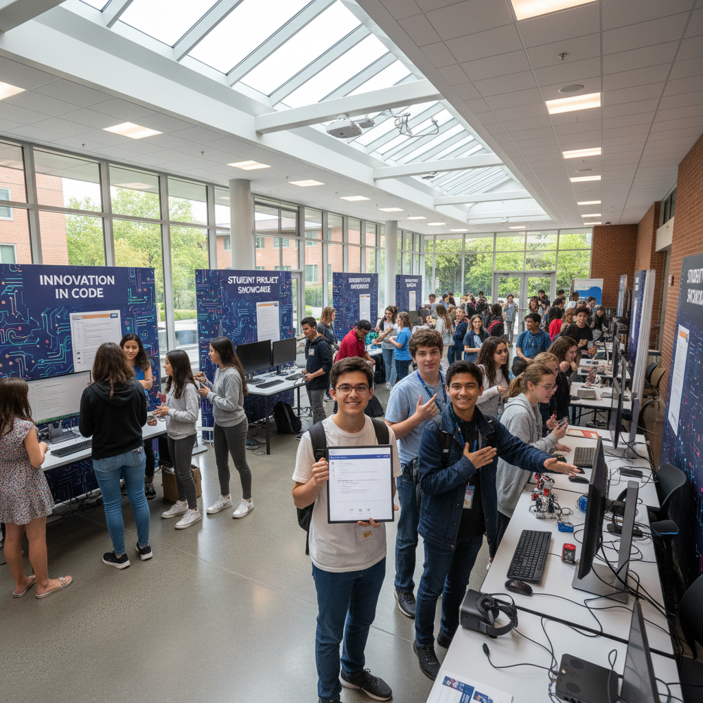 Students presenting their coding projects at showcase event