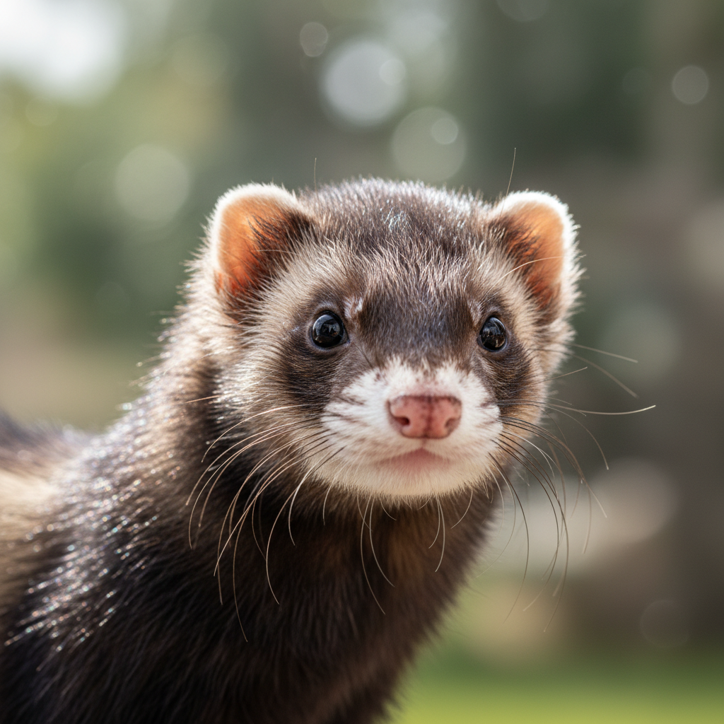 Sable the ferret with healthy weight and bright alert eyes