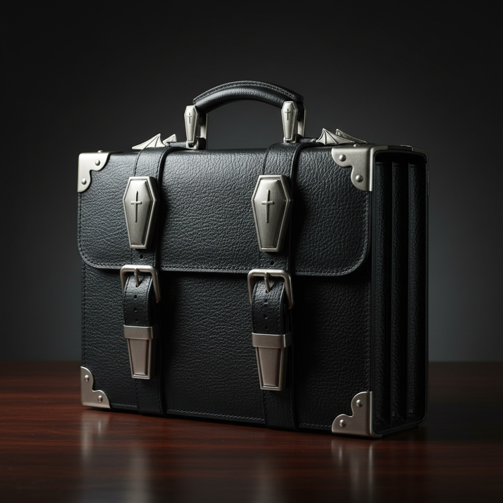 Sepulchre Briefcase — professional gothic leather briefcase with silver coffin hardware for daily carry