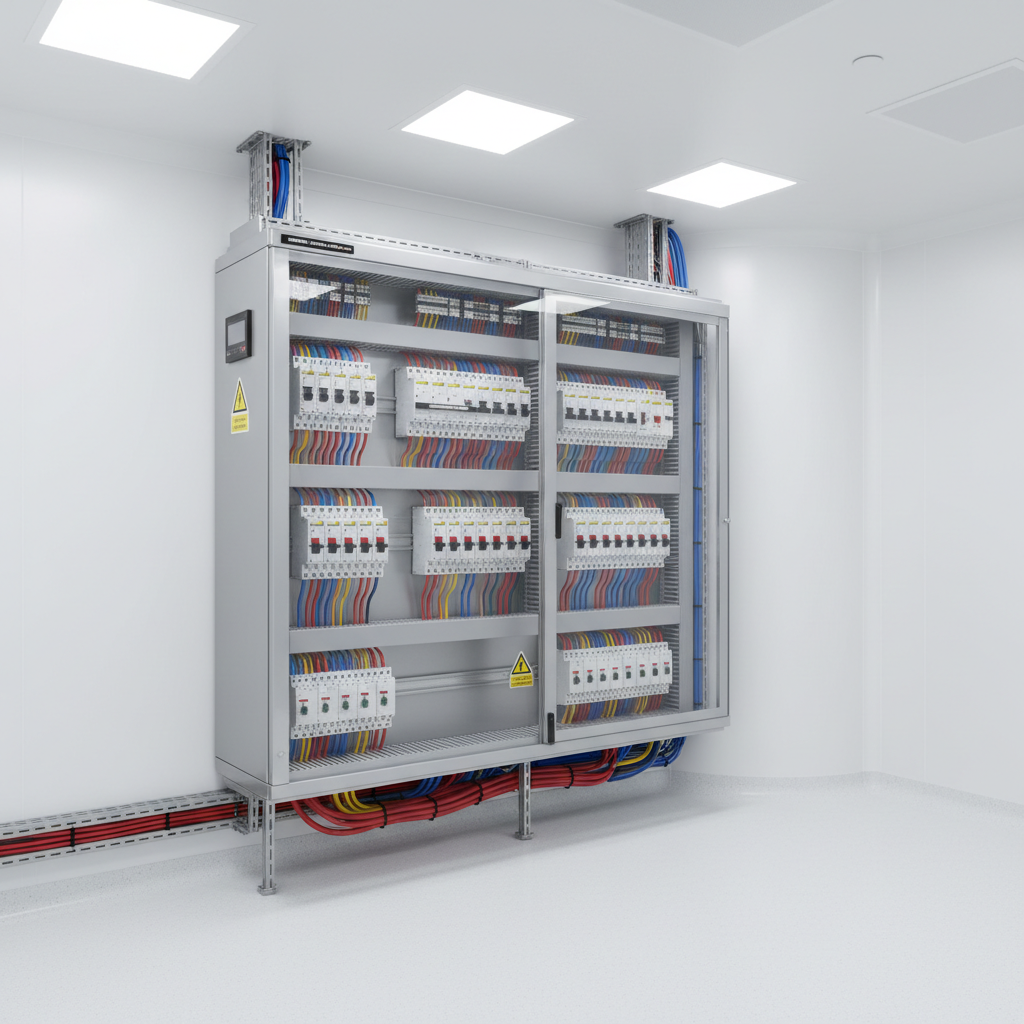 Electrical equipment and circuit breakers displayed in a bright industrial setting with clean white walls