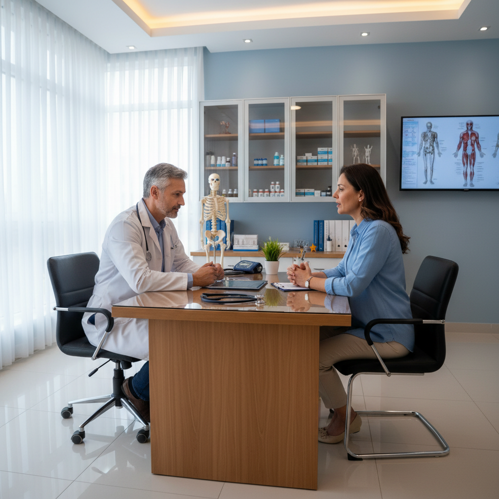 Calm, professional medical consultation setting with warm lighting