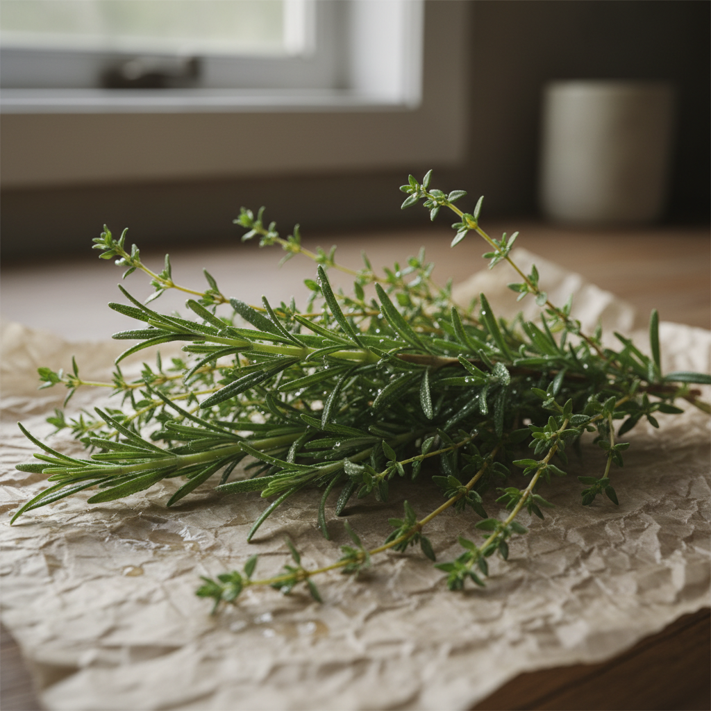 Fresh herbs bundled on butcher paper with morning condensation visible, rosemary and thyme prominent