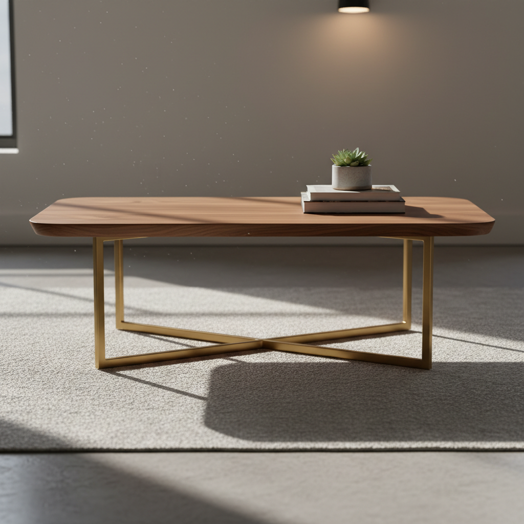 Elegant walnut wood side table in bright modern living room, natural daylight