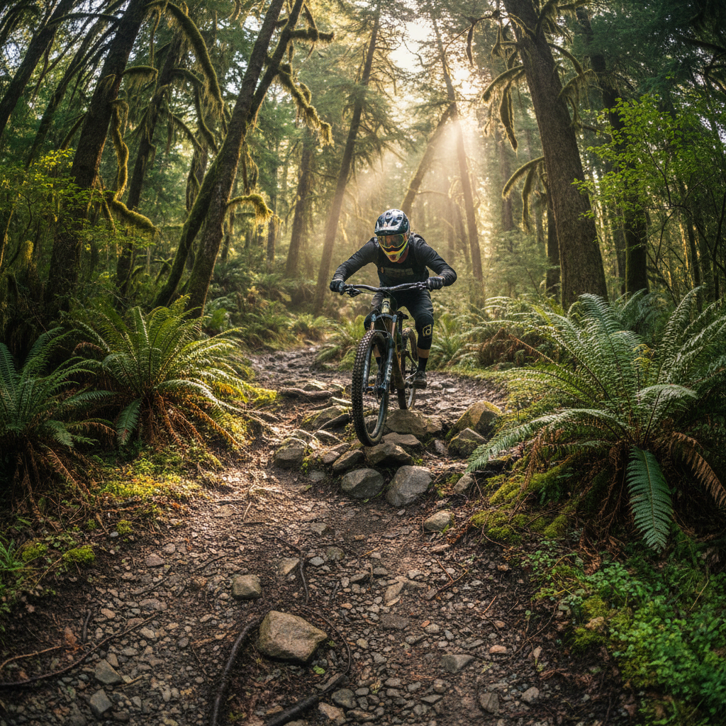 Mountain biker riding technical singletrack through dense Pacific Northwest forest