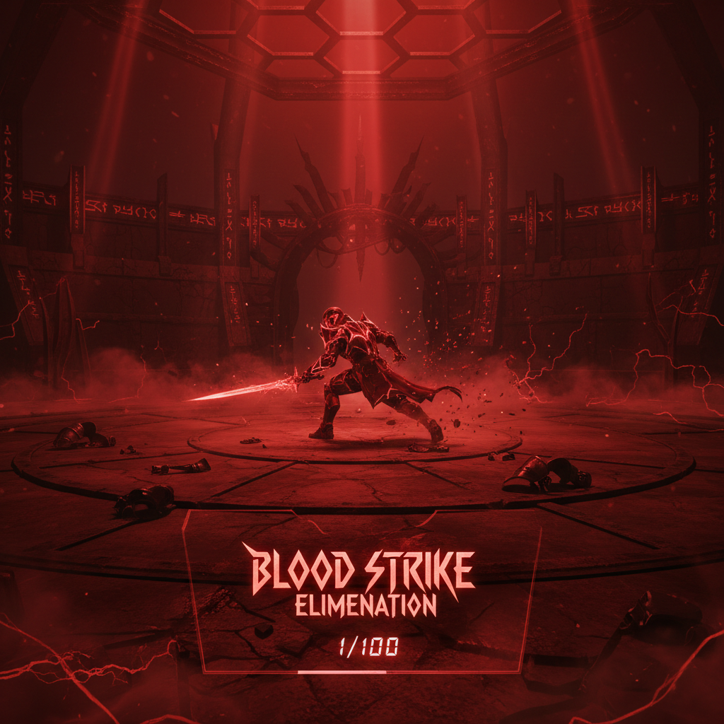 Dark combat arena, red dramatic lighting, smoke particles, intense atmospheric shadows