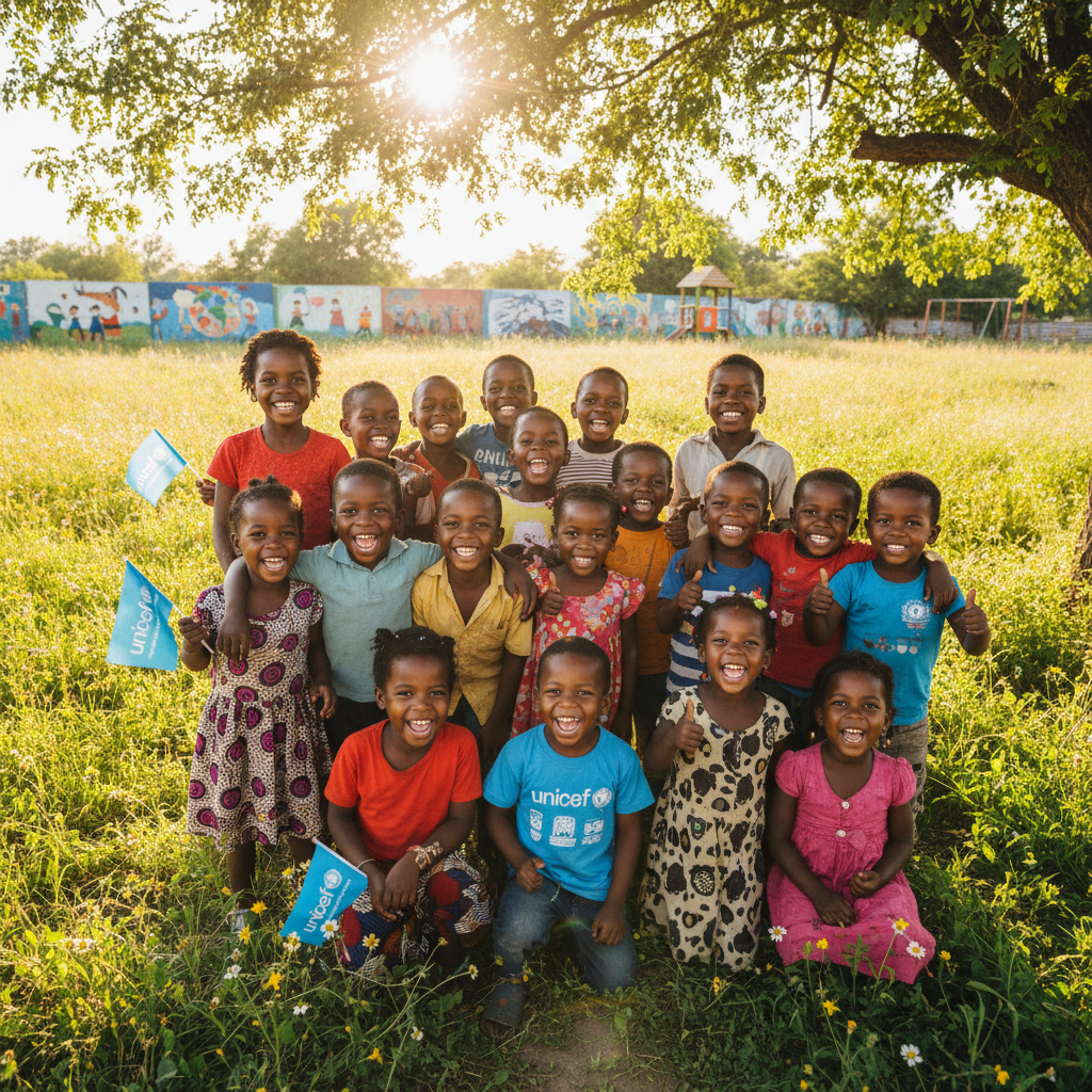 African children running joyfully in a sunlit open field, long grass, bright sky, golden light