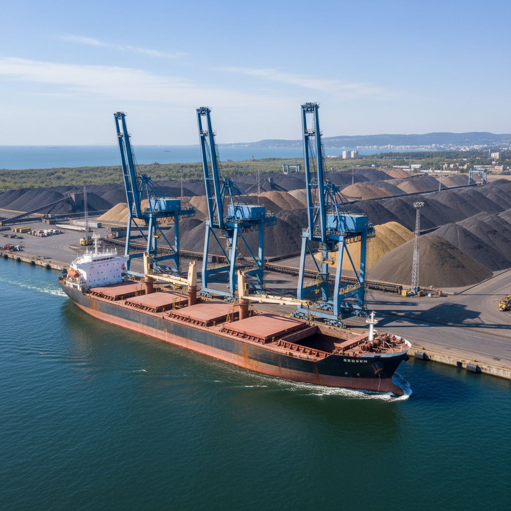 Bulk carrier vessel arriving at deep-water terminal with three gantry cranes aligned along the berth and stockpiles fanning out behind