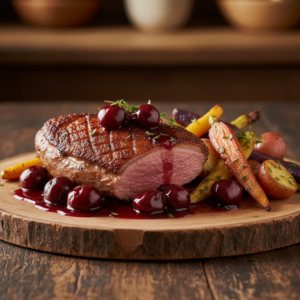 Perfectly seared duck breast with cherry reduction and roasted root vegetables