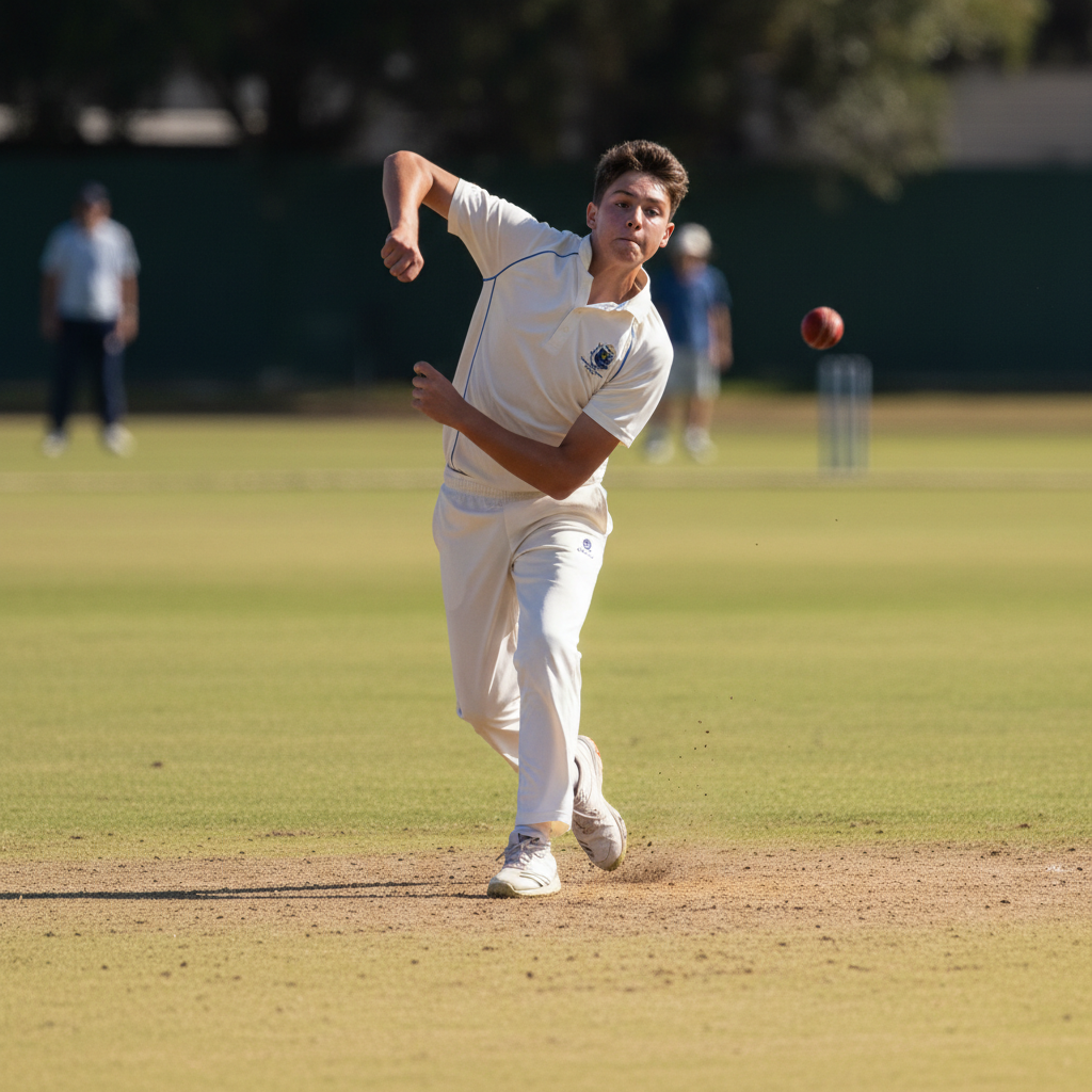 Junior bowler with corrected high-arm action during delivery stride on cricket pitch
