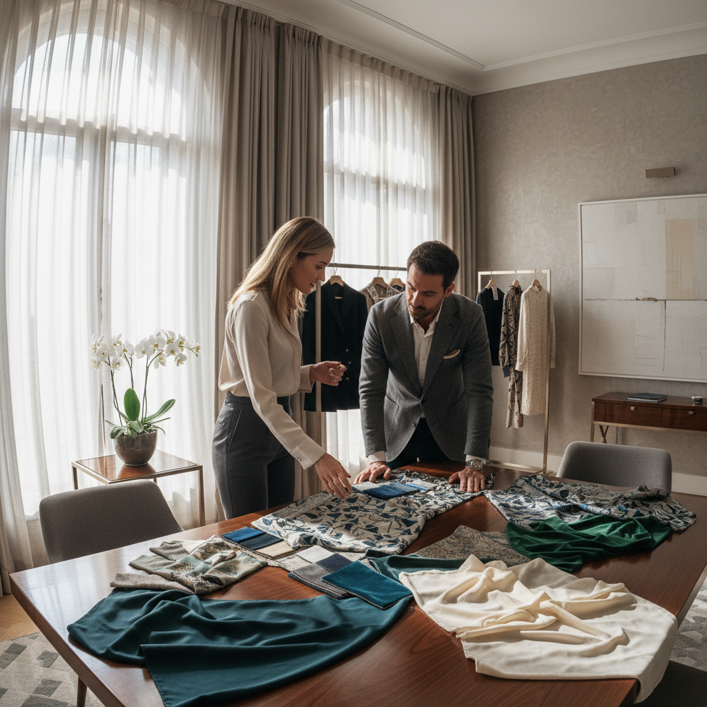 Luxury curtain consultation session in elegant living room showcasing professional designer presenting fabric samples and design concepts to clients in sophisticated residential setting