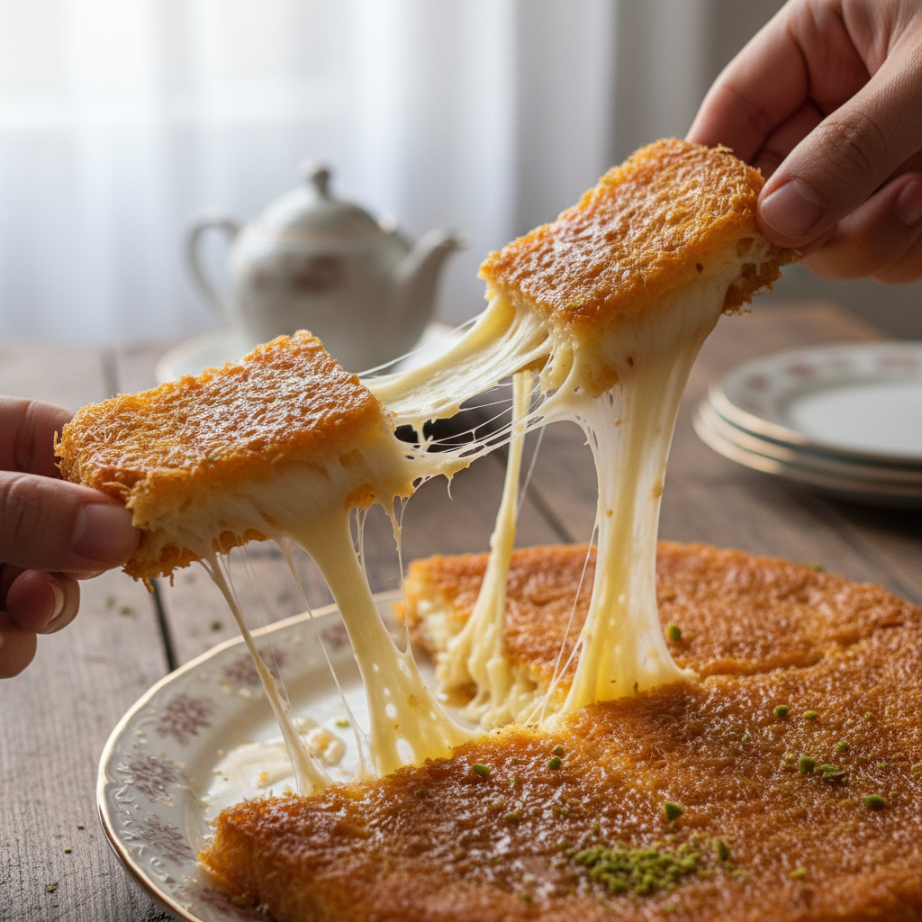 Halawet el jibn Syrian cheese roll with cream filling, dark moody background, gold accents