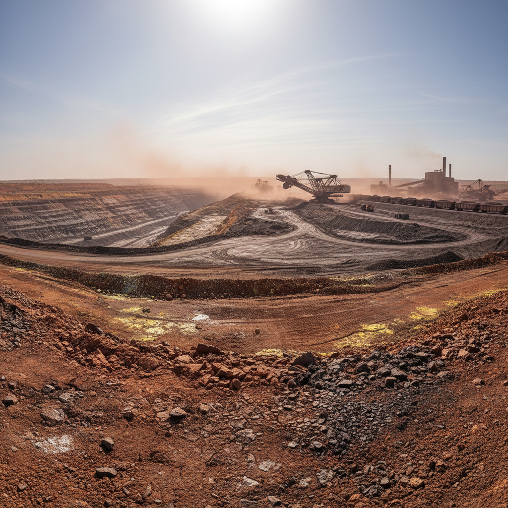 Open pit mine with heavy excavation equipment and trucks in bright daylight