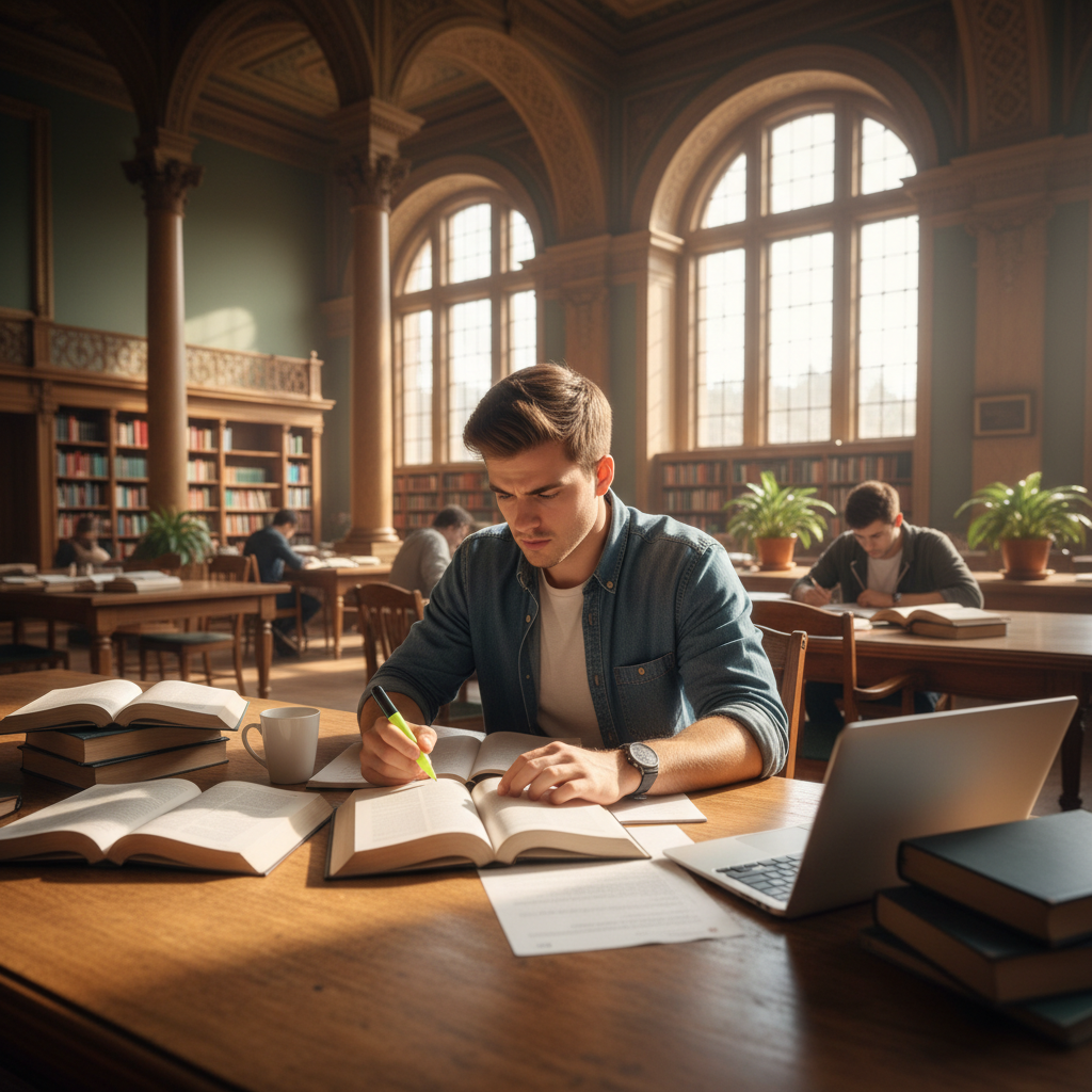 Young white man studying at a university library desk