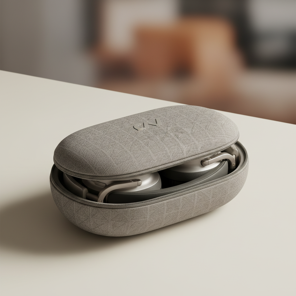 Headphones folded in carrying case