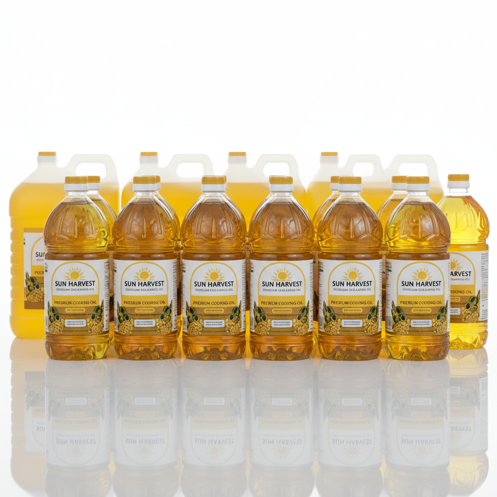 Various bottles of cooking oil including sunflower and olive oil on wooden table