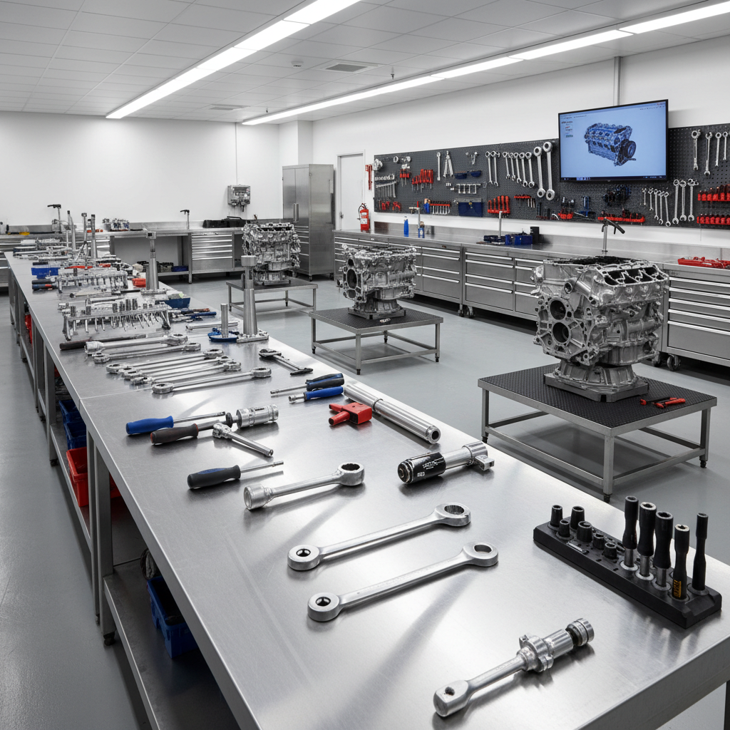 Clean rebuilt diesel engine components after professional repair, polished surfaces, bright workshop lighting, professional finish