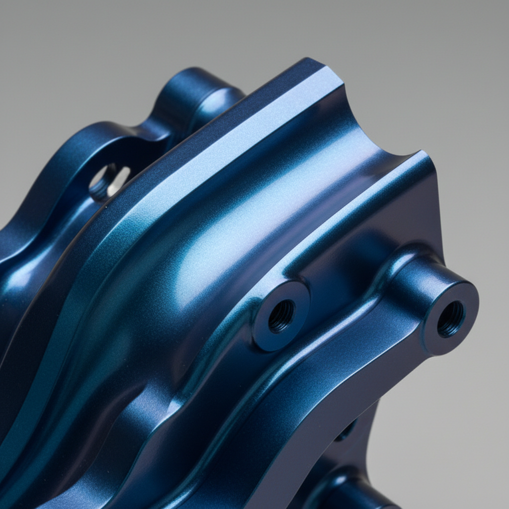 Close-up of knurled aluminum part with precision machined grooves and metallic surface texture