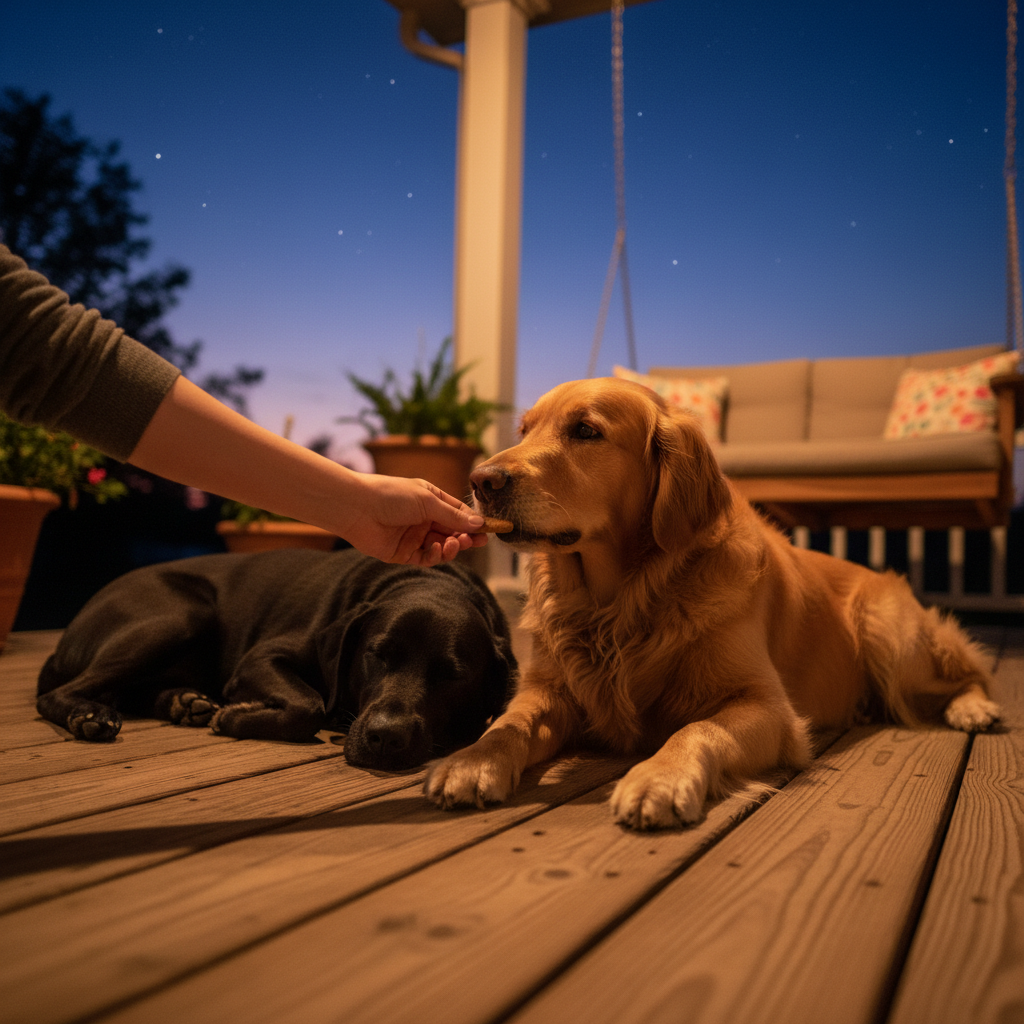Two dogs resting on a wooden porch at dusk, one receiving a treat from a hand, warm porch light, stars beginning to appear in a deep indigo sky behind them