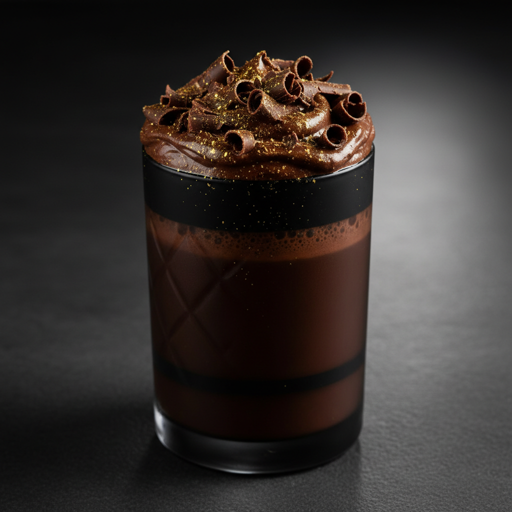 Dark chocolate milkshake in frosted glass with whipped cream and chocolate shavings, low-key dim lighting