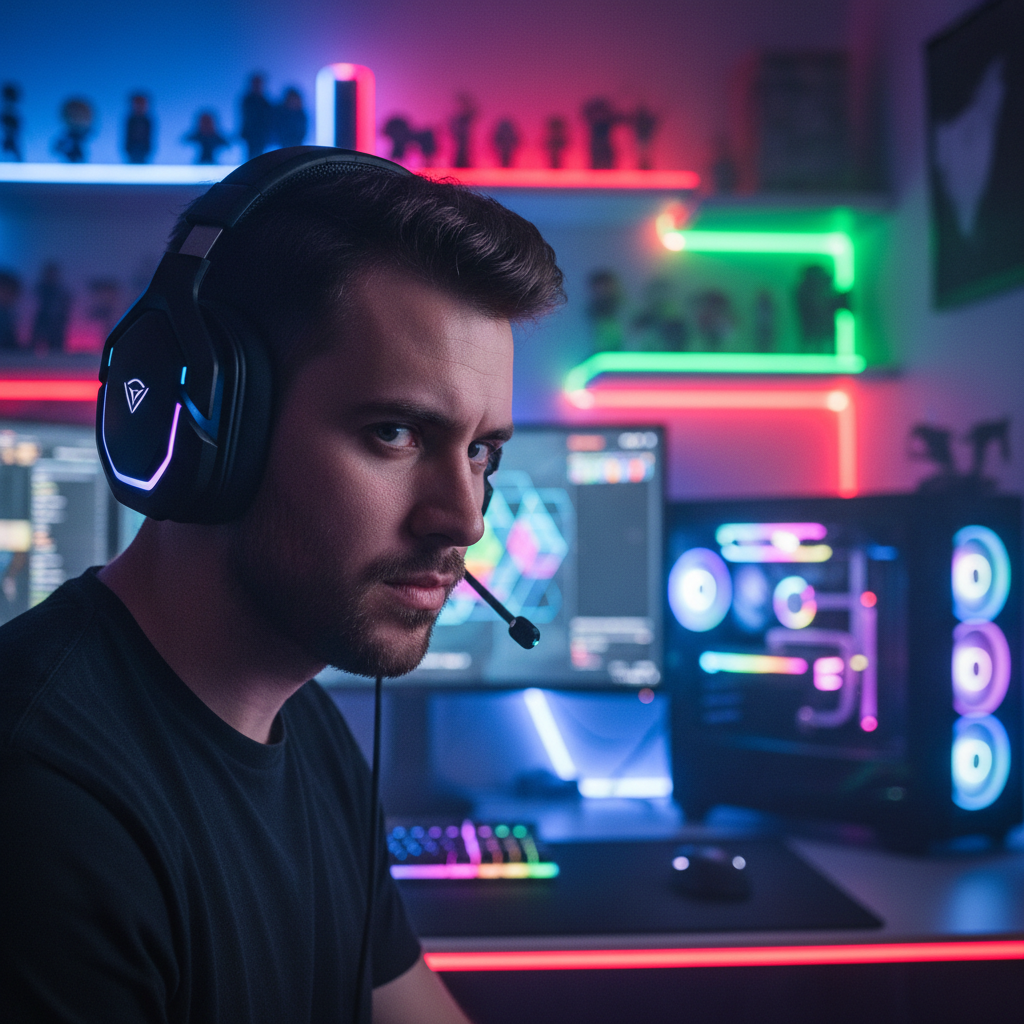 Gaming content creator KaiVortex portrait with purple lighting
