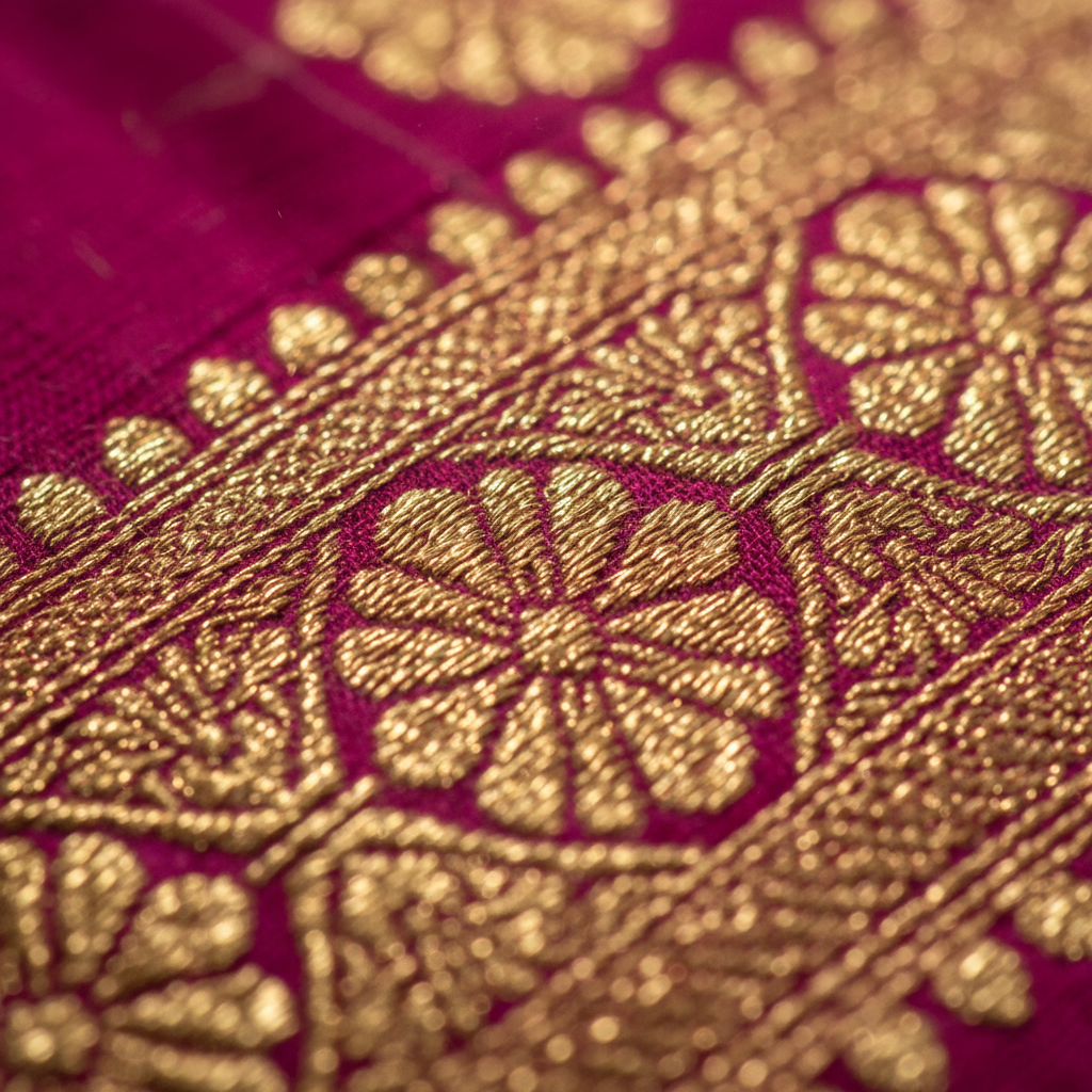 Close-up of delicate gold embroidery on a silk ethnic dress, macro detail shot
