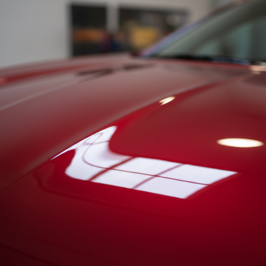 Gleaming red sports car exterior after full detail, bright daylight, clean reflections on hood