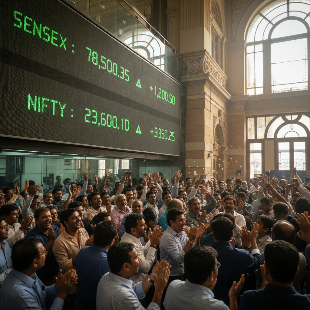 Sensex chart showing historic 100000 milestone with trading floor celebration
