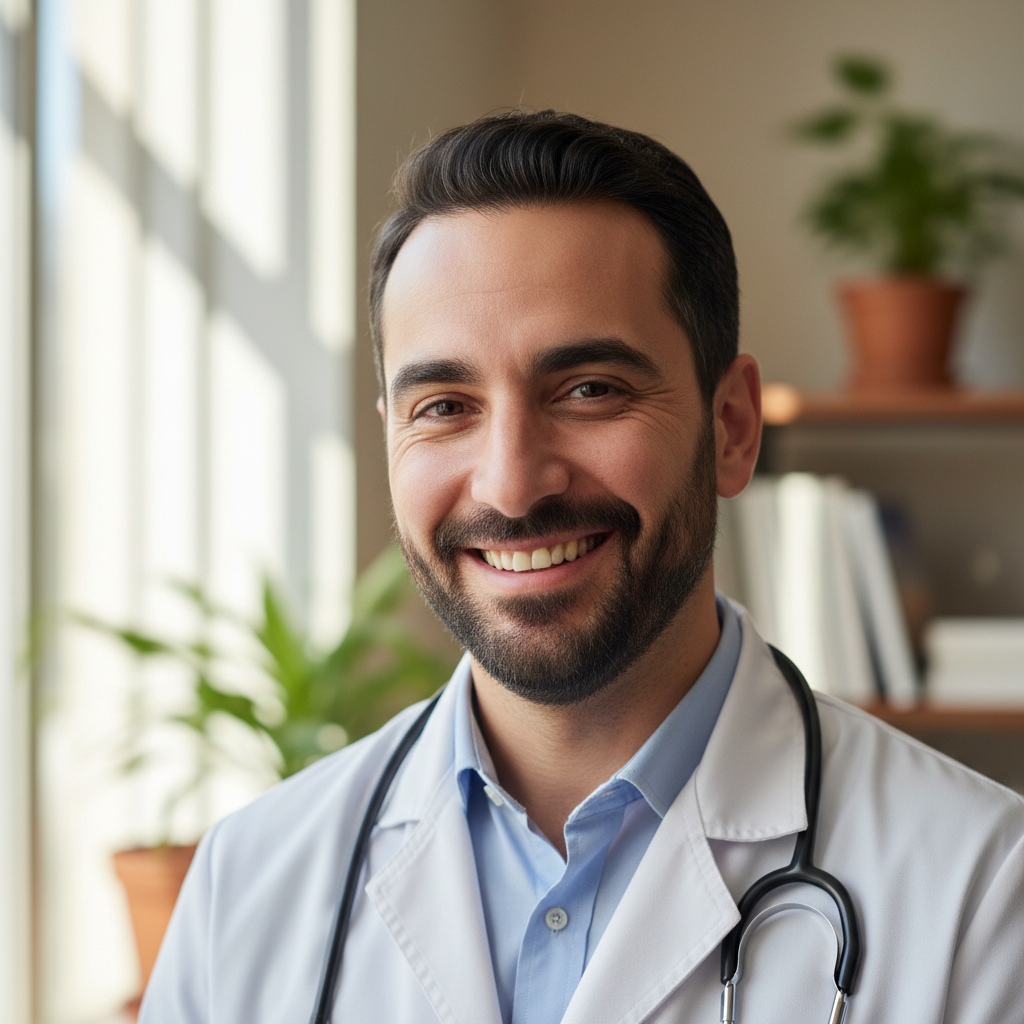 Male doctor health coach in white coat with stethoscope smiling