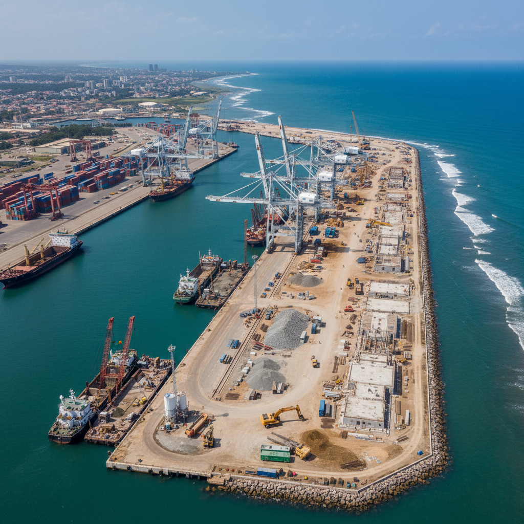 Aerial view of Colombian Pacific coast with construction cranes and port facilities