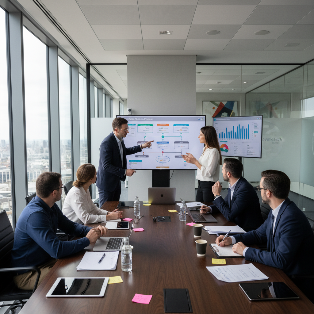 IT governance review meeting with leadership team reviewing technology roadmap progress in a UK boardroom